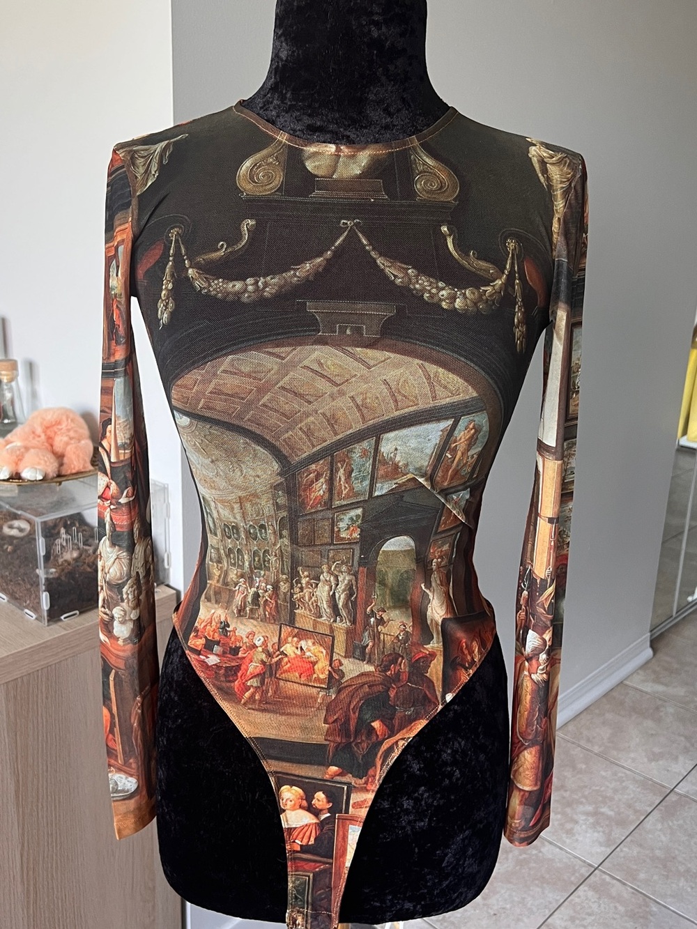 Zara Brown and Black Art Gallery Print Bodysuit